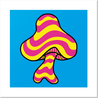 The Perfect Mushroom: Exotic Trippy Wavy Pink and Yellow Contour Lines on Cyan Posters and Art